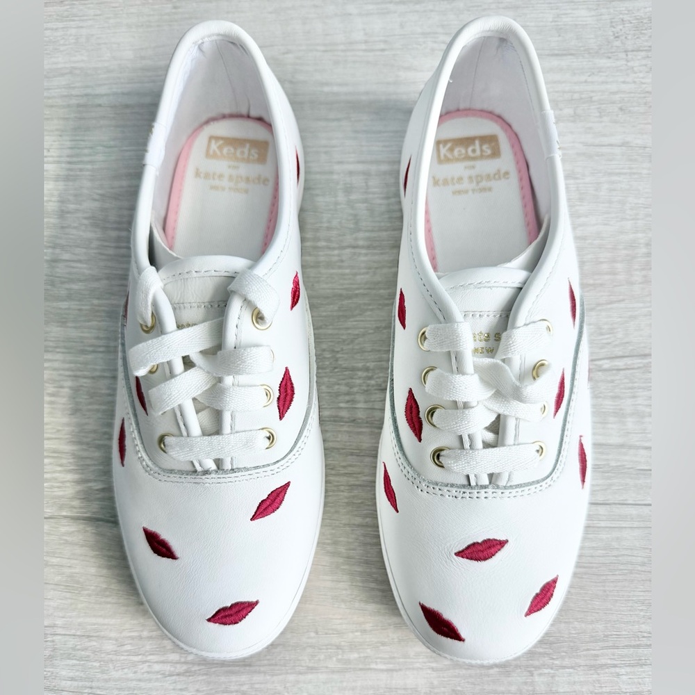Keds x kate spade New York White Sneakers with Red Lip Embroidery